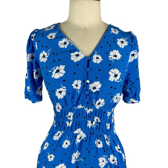 M&S COLLECTION Blue White Floral V-Neck Button Midi Dress Size US 4 Boho‎ Preppy - Picture 4 of 9